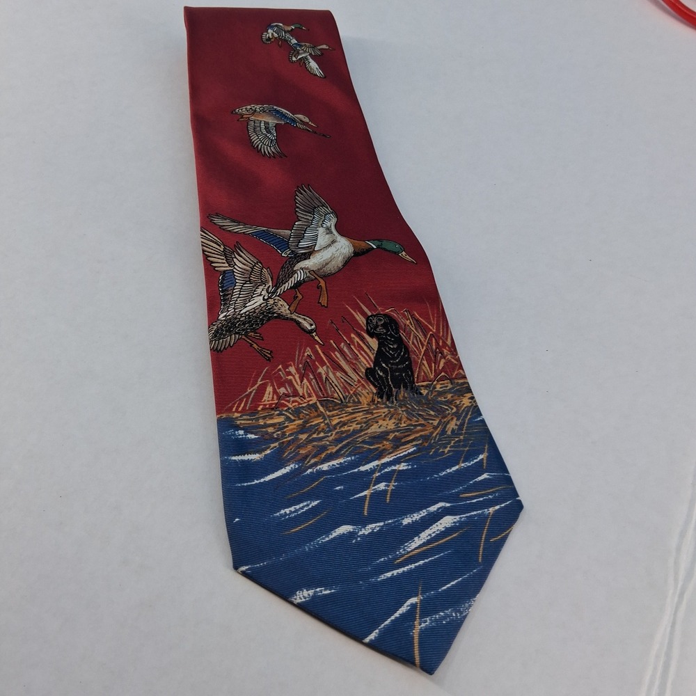 Ducks Unlimited Tie Mens OS Red‎ Blue Mallard Duck Dog Silk Wildlife Hunting USA